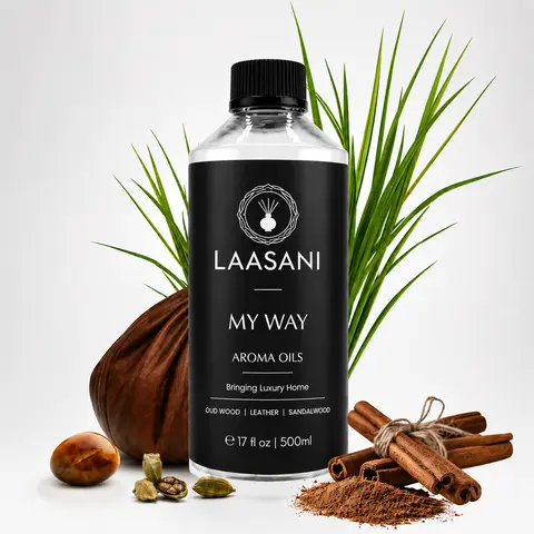 LAASANI 500ml Aroma Scented Waterless Diffuser Oil - Woody Notes of Sandalwood, Oud Wood, Cinnamon, Lemon - 12 Months Long-Lasting, All Seasons Home Use, Leather-Centric Spaces, Birthday Gifting