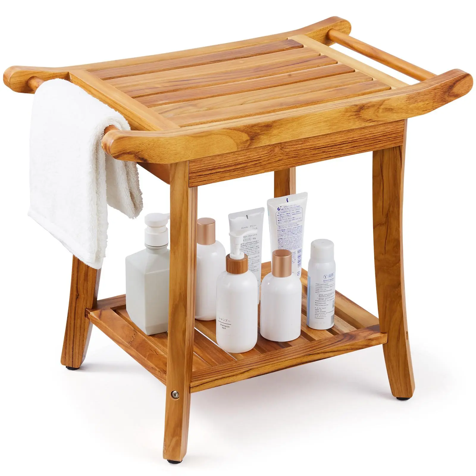 【DealsForYouDays】VEVOR Teak Shower Bench 22 x 14.4 x 18.5 inWaterproof Wood Shower Stool with Storage Shelf Handle Non-Slip Feet300 lbs Maximum Load Capacity Shower Chair Seatfor Bathroom Indoor and Outdoor Use