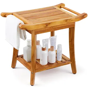 【fathersdaygift】VEVOR Teak Shower Bench 22 x 14.4 x 18.5 inWaterproof Wood Shower Stool with Storage Shelf Handle Non-Slip Feet300 lbs Maximum Load Capacity Shower Chair Seatfor Bathroom Indoor and Outdoor Use