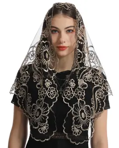 Bozidol Triangle Church Head Covering - Madonna Camellia Embroidered Veil Chapel Veil for women