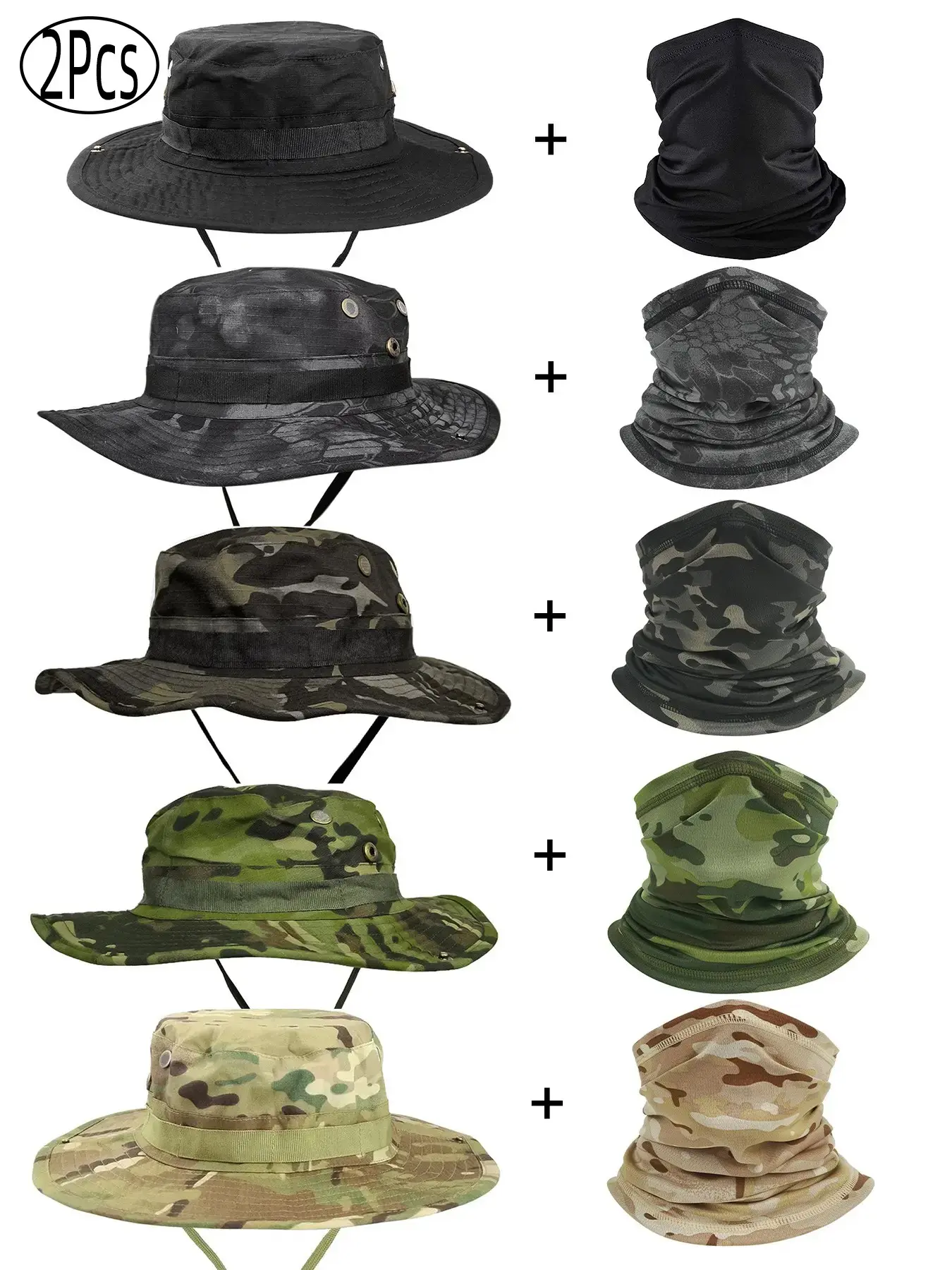 Men's Camouflage Hat and Wide Brim Set, UV Protection Tactical Fisherman Hat, Outdoor Sports Hiking Camping, Breathable Fishing Cycling Gear