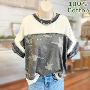 Sage Vell 100% Cotton Patchwork Camouflage Round Neck Sporty Seamed T-Shirt Color Block Tee Short Sleeve Loose Fit Casual
