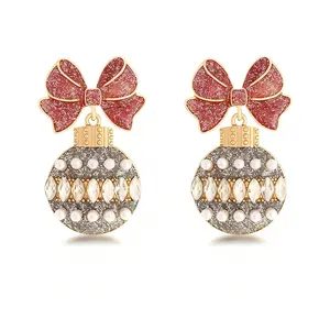 Cherrybetty Shining Christmas Disco Ball Earrings with Pink Bow Design and Diamond-Style Accents