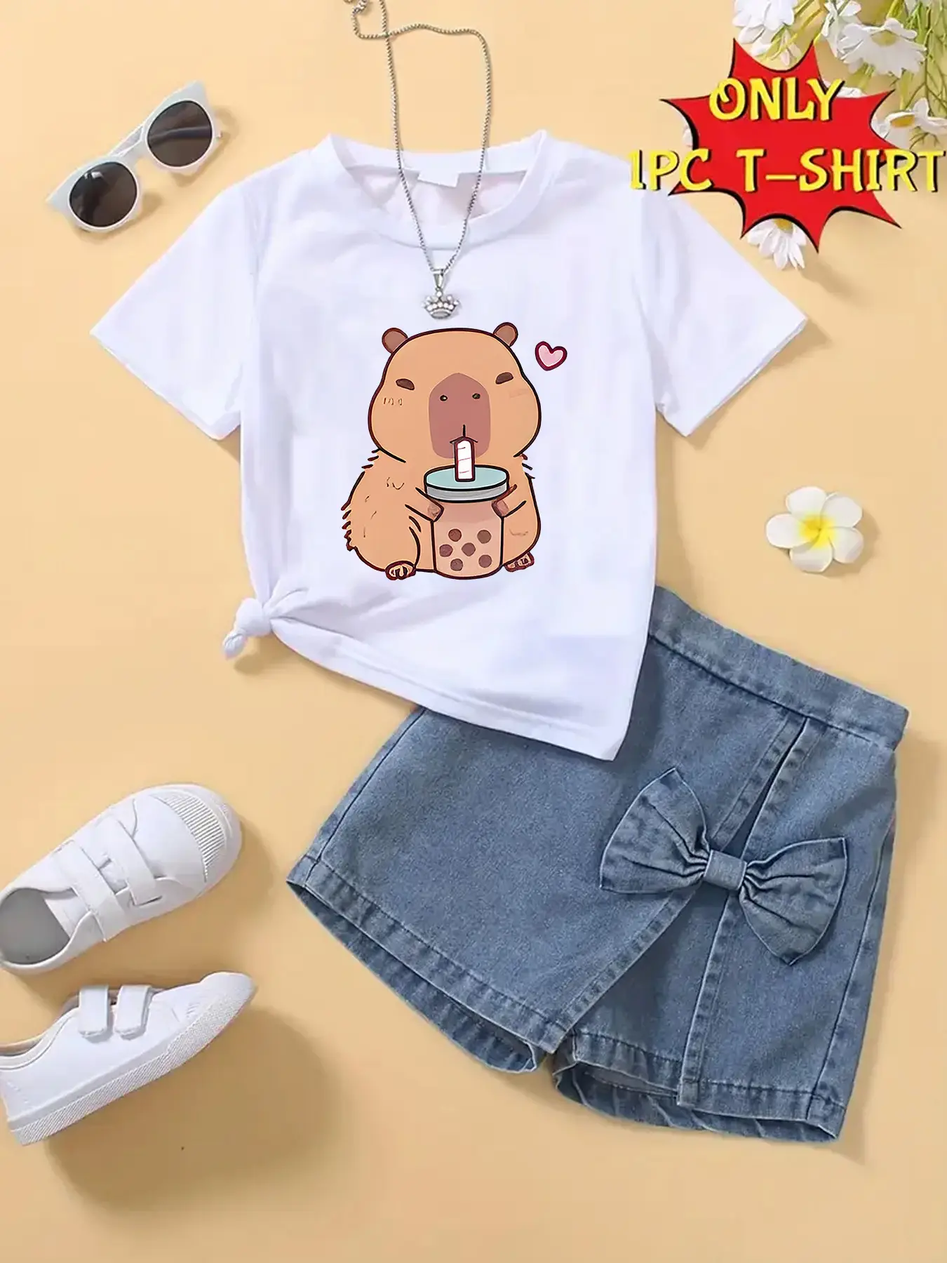 Girls Summer Fashion Cute Capybara Print Short Sleeve T-Shirt, Comfortable Casual Fitted Top, Perfect Layering Tee for Daily Wear
