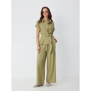 Cider Textured Short Sleeve Draped Wide Leg Jumpsuit