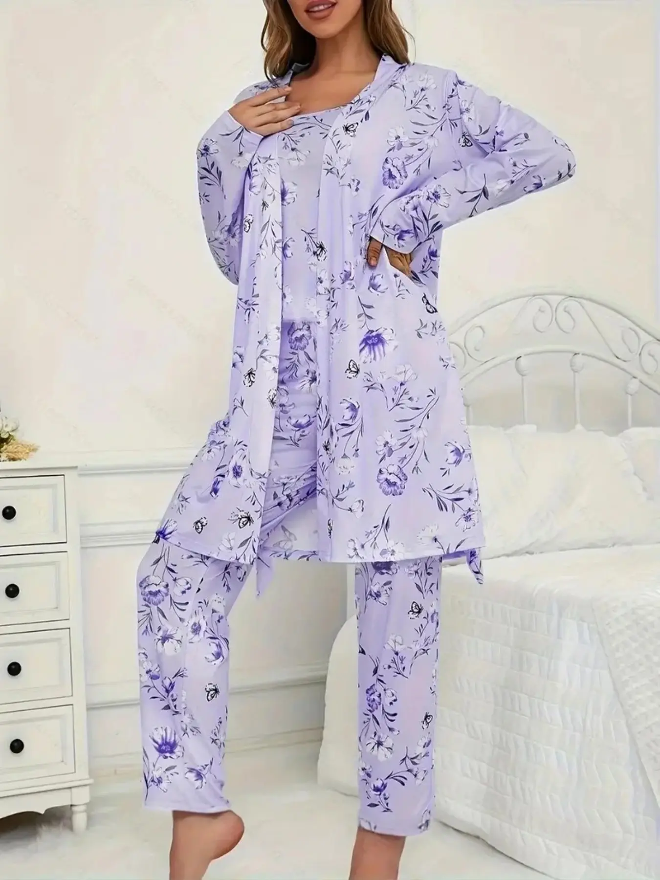 Women's Floral Print Halter Long Pants & Long Sleeve Tie Sleeprobe 3 Piece Set, Casual Pajama Loungewear, Homewear, Comfortable Nightwear