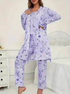 Women's Floral Print Halter Long Pants & Long Sleeve Tie Sleeprobe 3 Piece Pajama Set, Pjs, Casual Loungewear, Comfortable Nightwear