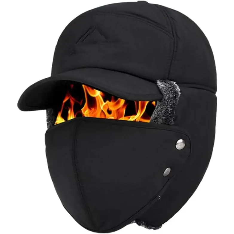 Men\'s Dark Black Trapper Hat, Winter Warm Trooper Hats with Ear Flaps and Mask Cherish Winter Hat, Windproof Warm Mask Earflaps Trooper  main image 4