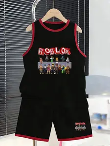 Boys' Roblox Game Character Vest Shorts Set, Cartoon Print, Loose Fit, Breathable, Casual Wear, Perfect for Playdates and Outdoor Activities