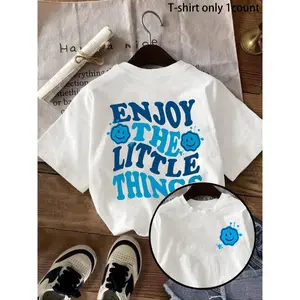 Women's Letter & Smile Face Print Round Neck Tee, Vintage Trendy Casual Short Sleeve T-shirt for Daily Wear, Ladies Summer Outfit