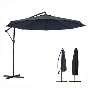 10 ft Offset Patio Umbrella with Cover, Hanging Cantilever Umbrella with 360Â° Rotation, Crank Handle, Tilt, Navy Blue