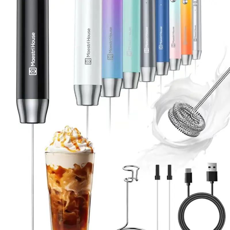 Milk Frother Handheld 3-Speed Rechargeable Coffee Foamer Drink Whisk with Color-Coded Speeds, Protective Case, and 304 Stainless Steel Heads