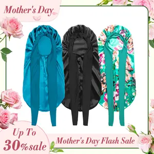 【Mother's Day】Braid Bonnet for Black Women - 3 Pack Large Braid Bonnet, Perfect for Long Curly Hair and Braids Elastic Heatless Haircare (Black&Blue&Flower)