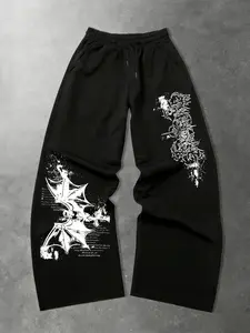 Unisex Trendy Dark Aesthetic Thorn Bat Sweatpants, Loose Wide Leg, Casual Graphic Print, All Seasons Fashion