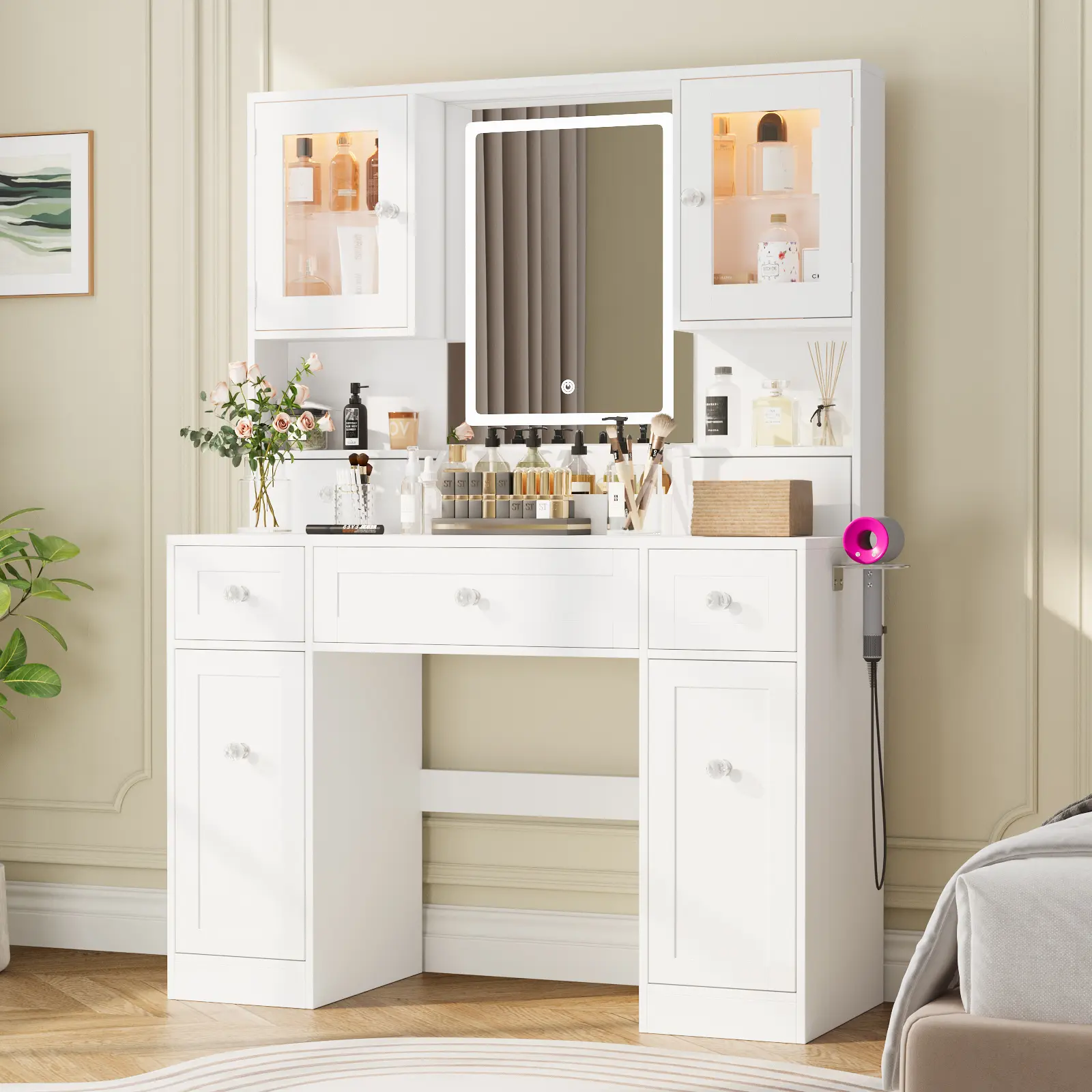 【2 Boxes Shipped】VOWNER Makeup Vanity with mirror, 5 Drawers & Power Outlet, 2 Glass Door Cabinets with RGB Light&10 Adjustable Lighting, Ample Storage Space, for bedroom, White Minimal Modern Interior Organizing Furniture