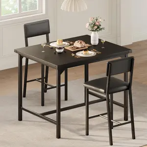 Black Dining Table Set for 2 W/Footrest & Backrest, Counter Height Table with 2 Upholstered Bar Chairs, Kitchen Table Set with Corner Protector, for Small Space