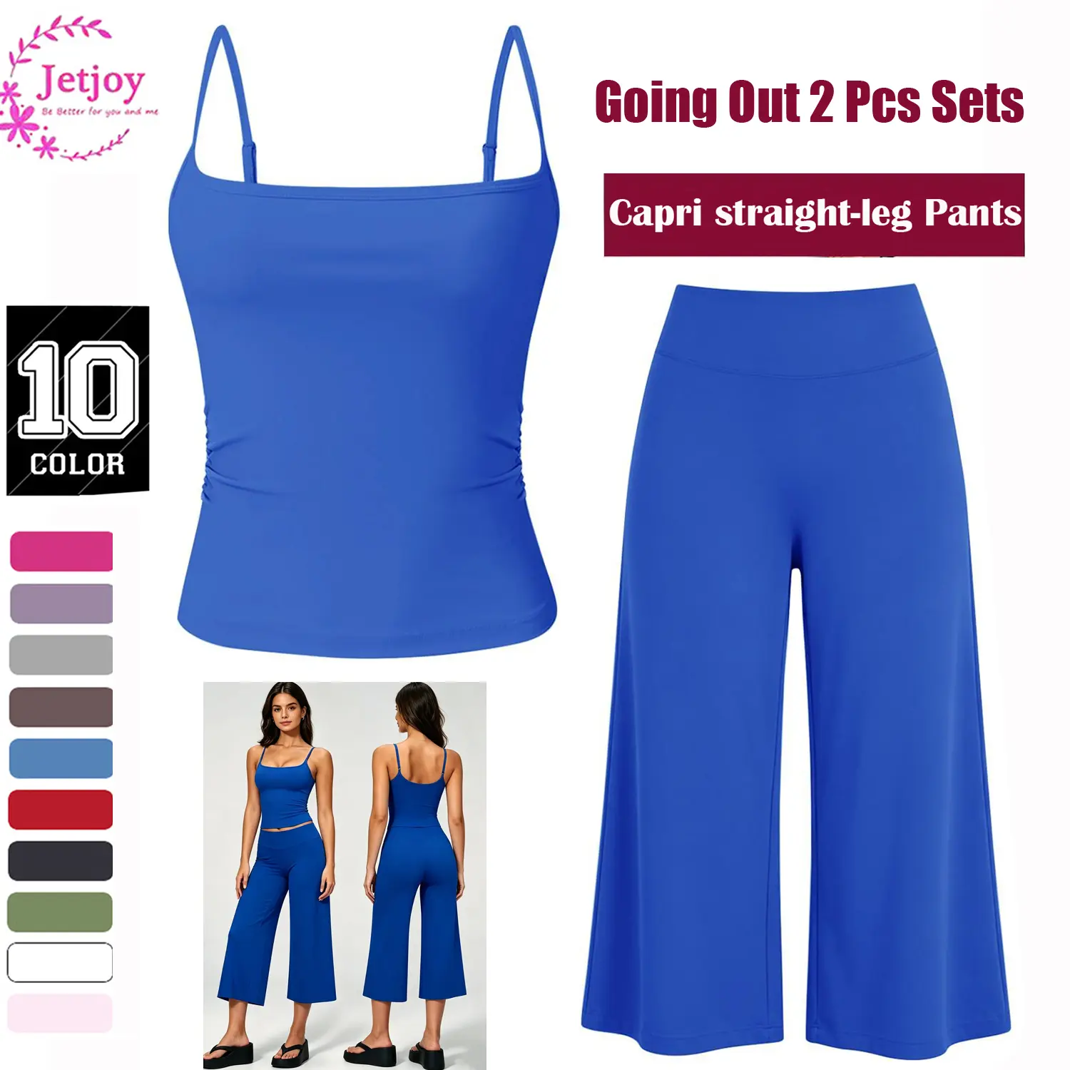 Jetjoy Going Out Sets for Women 2 Pieces,  Yoga Tank Top+High Waist Mid-Length Capri straight-leg pants straight-leg Pants Running Yoga Set for Women,  Spaghetti Straps Crop Top Matching Wide Leg Capri Pants Gym Work Pilates Outfits Womenswear Suits