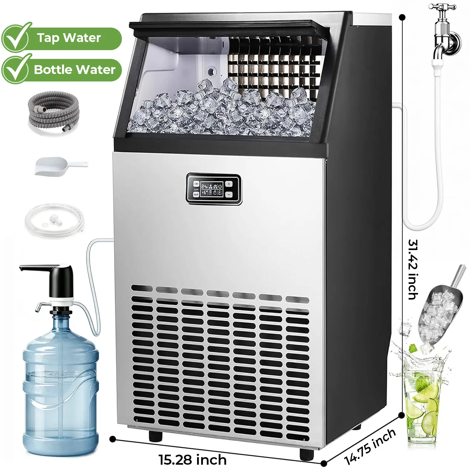Kismile 2026 Upgraded Commercial Ice Maker, 66Ibs/80Ibs/100Ibs/120lbs 24H Output, Self-Cleaning Stainless Steel Machine, Perfect for Bar, Restaurant & Outdoor Activities