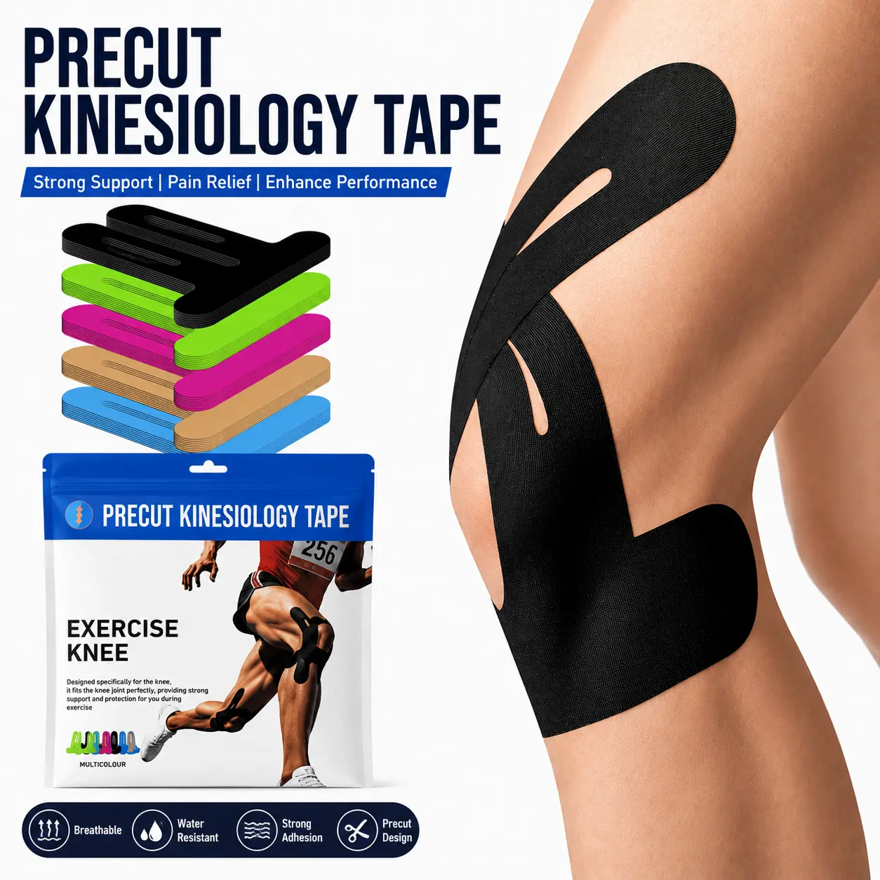Precut Kinesiology Tape for Knees - 10 Individually Packaged Pcs for Adults, Universal Size Support, 100% Waterproof Elastic, Pain Relief for Squats & Swimming, Breathable Hypoallergenic Latex-Free Athletic Aid