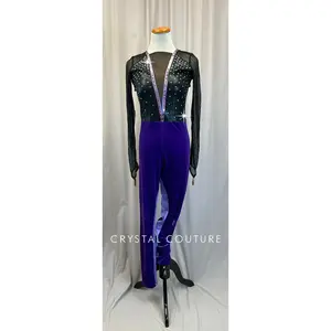 Black Mesh and Purple Velvet Long Sleeve Unitard - Rhinestones