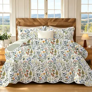 Idyllic Rural Scenery Reversible Patchwork Quilt Set, Lightweight Boho Printed Bedspread Coverlet All Season Bedding Set with 2 Pillow Shams, Soft Microfiber King/Queen Size Bed Cover for Bedroom Decor