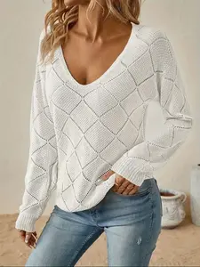 Pure Color V-Neck Knit Sweater, Breathable, Casual All-Season Wear, Long Sleeve, Multiple Colors Available, Women's Fashion Top, Womenswear, Knitwear