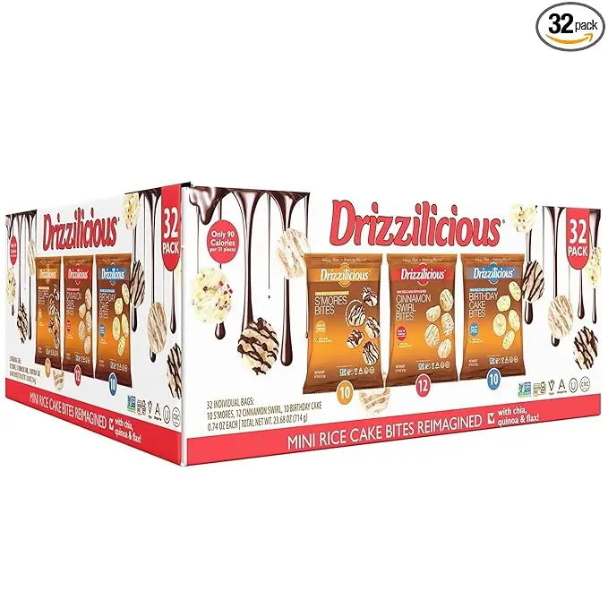 Drizzilicious Mini Rice Cakes Variety Pack - Rice Crisps, Healthy Snack for Adults and Kids, Flavored Rice Cakes, Vegan, Gluten Free, Allergen Free, Only 90 Calories Per Bag - .74 oz (Pack of 32)