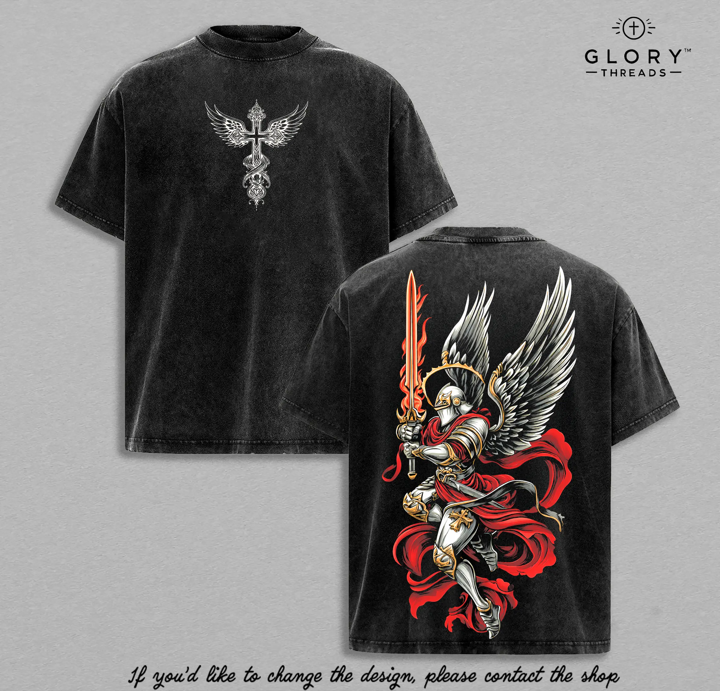 Archangel Michael Flaming Sword T-Shirt Washed, Christian Warrior Angel Graphic Tee, Armor of God Religious Shirt, Divine Justice Faith Apparel, Spiritual Battle Streetwear Christian Jesus Apparel