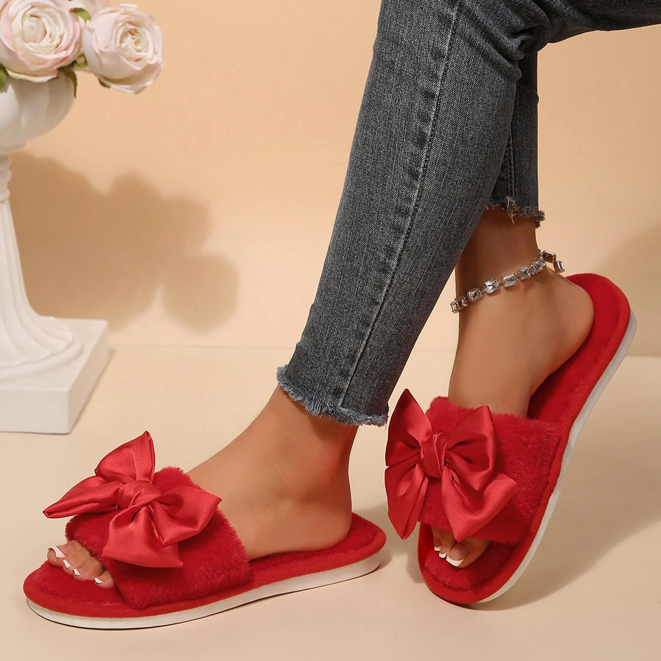 Women's Bow Knot Furry Fuzzy Slippers Open Toe Indoor Outdoor Bedroom House Slippers
