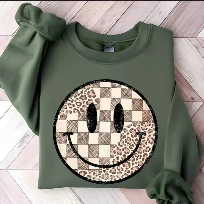 Retro Smiley Face Leopard Checkered Sweatshirt - Vintage Fall Aesthetic Shirt, Happy Face Cozy Crewneck, Trendy Graphic Pullover