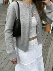 Women's Autumn Winter Casual Knit Cardigan Sweater, Plain Round Neck Long Sleeve, Fitted Style for Spring & Fall