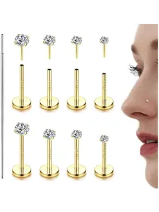 14K Gold Filled Threadless Nose Studs CZ Nose Rings for Women Men 316L Surgical Steel Labret Studs Lip Rings Push in Flat Back Stud Earrings CZ Nose Nostril Tragus Helix Nose Piercing Jewelry Piercing Jewellery