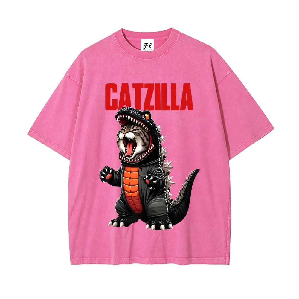 Unisex Vintage Washed Comfortable Catzilla Godzilla Cat Graphic, Men's Graphic Tees, Vintage T-Shirts, Everyday Wear