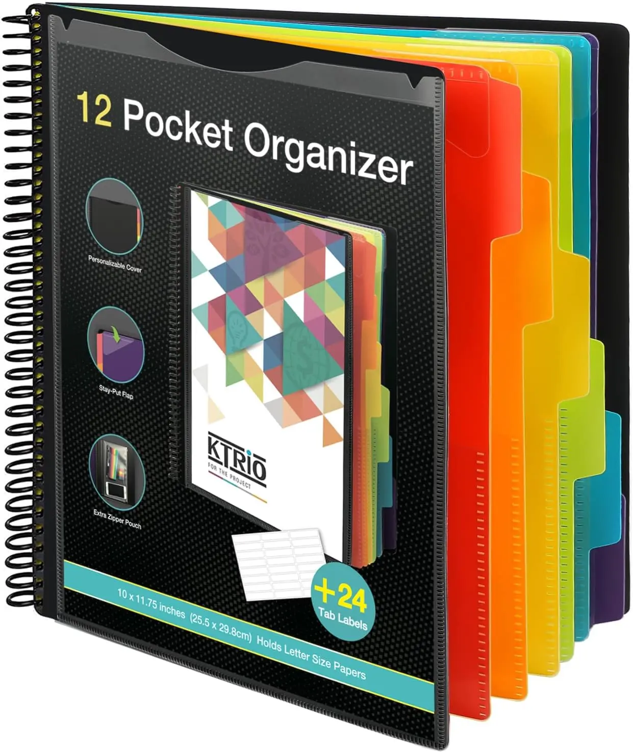 12 Pocket Poly Project Organizer Spiral Binder Multi Pocket Folder with Dividers Letter Size School Supplies Storage Tear-Resistant Water-Resistant