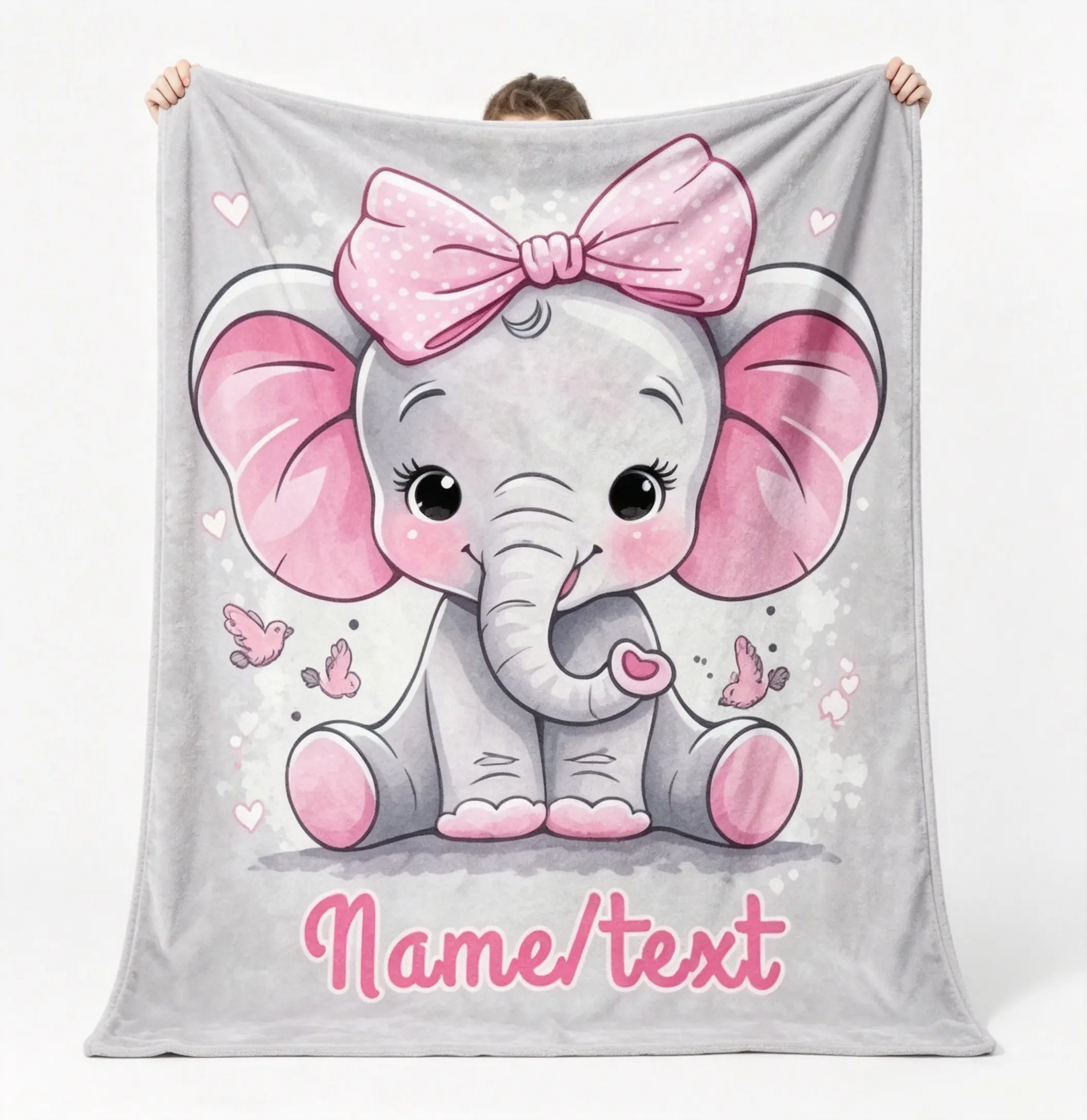 Cute pink bow personalized elephant flannel throw blanket, custom name soft cozy lightweight thermal blanket, all-season warm nap cover for air-conditioned rooms, suitable for sofa, crib, stroller, bed, and camping, sweet newborn baby shower gift for girl