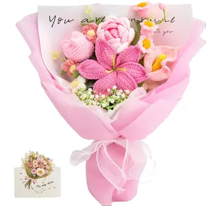 Mother’s Day Gift, YShomy Handmade Crochet Flower Bouquet with Rose, Tulip, Lily of the Valley & Cala Lily, Graduation Gift, Birthday, Anniversary Gift for Her, Girlfriend, Wife, Friend, Includes Card, Decorative, Elegant Gift