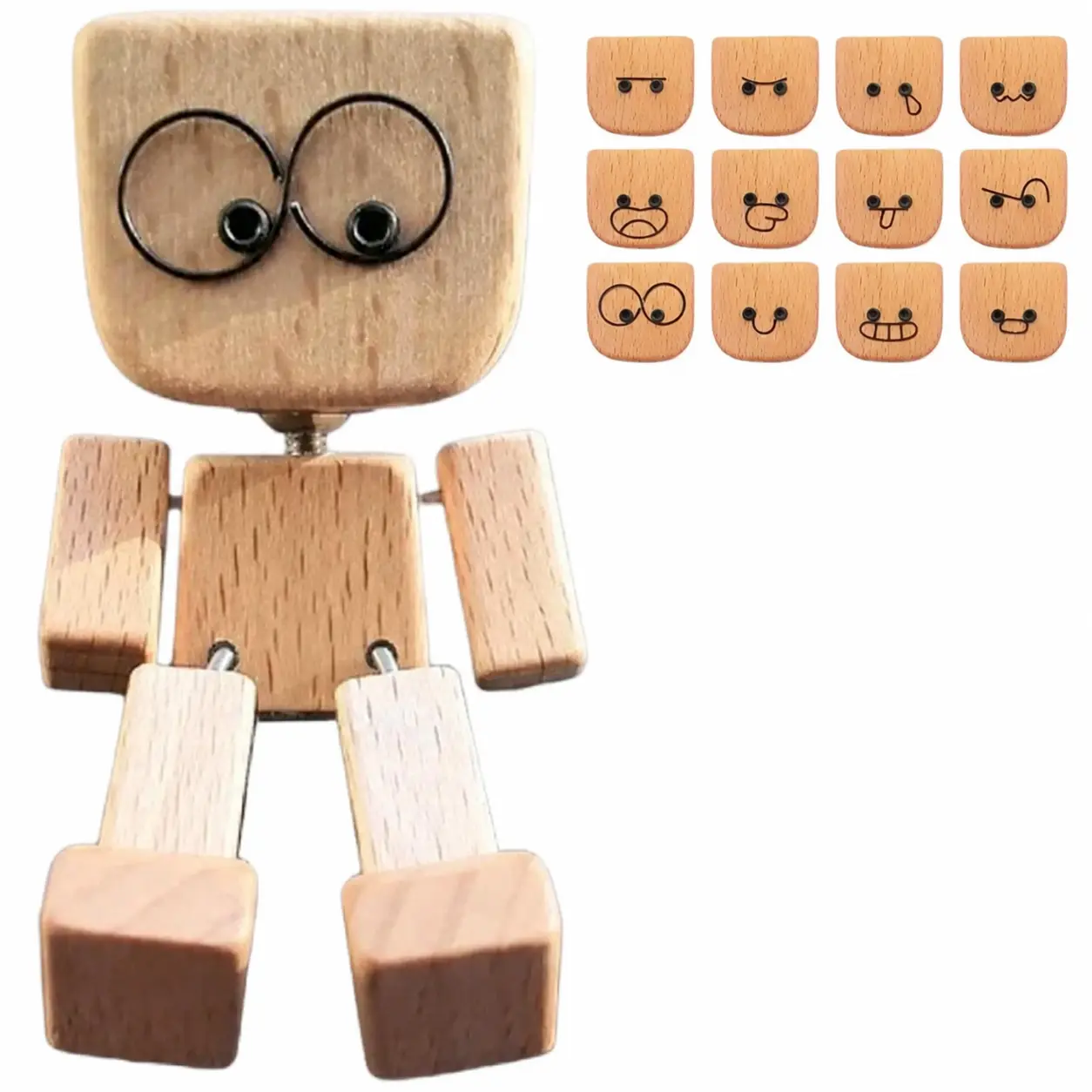 Unisex Small Compact Fit Playful Wooden Robot Decoration - Collectible Figure Ornament, Expressive Faces, Robot-Shape Car Decor for Indoor Leisure & Outdoor Use