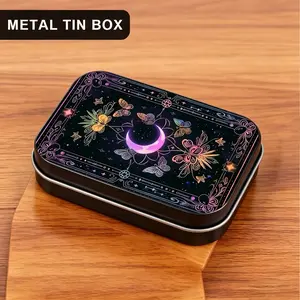 1Pc Celestial Moon & Butterfly Metal Tin Box with Hinged Lid - Mystic Small Storage Containers for Tarot Crystals, Jewelry & Herbs - Decorative Rectangular Tinplate Organizer, Desktop Storage Box, Aesthetic Witchy Gift for Women, Display Container