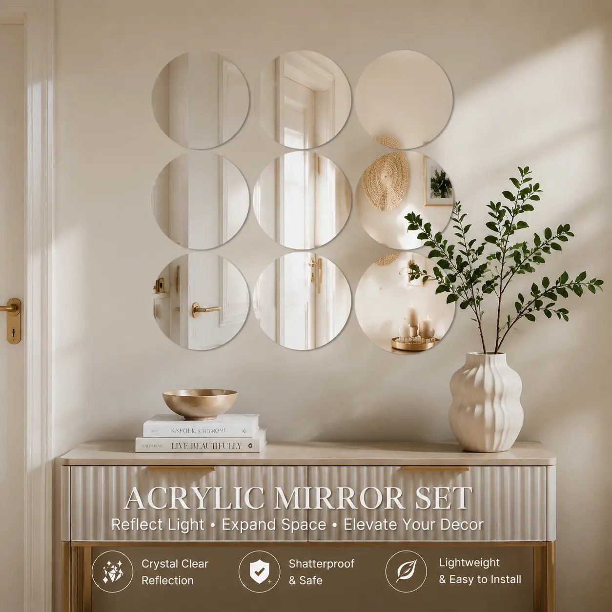 12 Pieces / 18 Pieces 12 Inch Round Acrylic Mirror Wall Sconces, 2mm Thick Shatter Resistant Acrylic Mirrors for Wedding Decor, Party Decor, Christmas Decoration with 2 Free Gold & Silver Mini Candle Holders