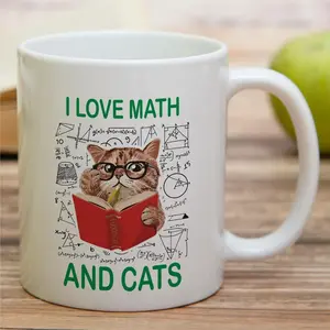 11oz Ceramic Coffee Mug, "I Love Math and Cats" Design, Reusable Insulated Multipurpose Mug, Hand Wash Only, for Math Teachers, Students, Cat Lovers, with Perfect Gift for Birthdays, Motivational, Inspirational, Sarcastic Humor