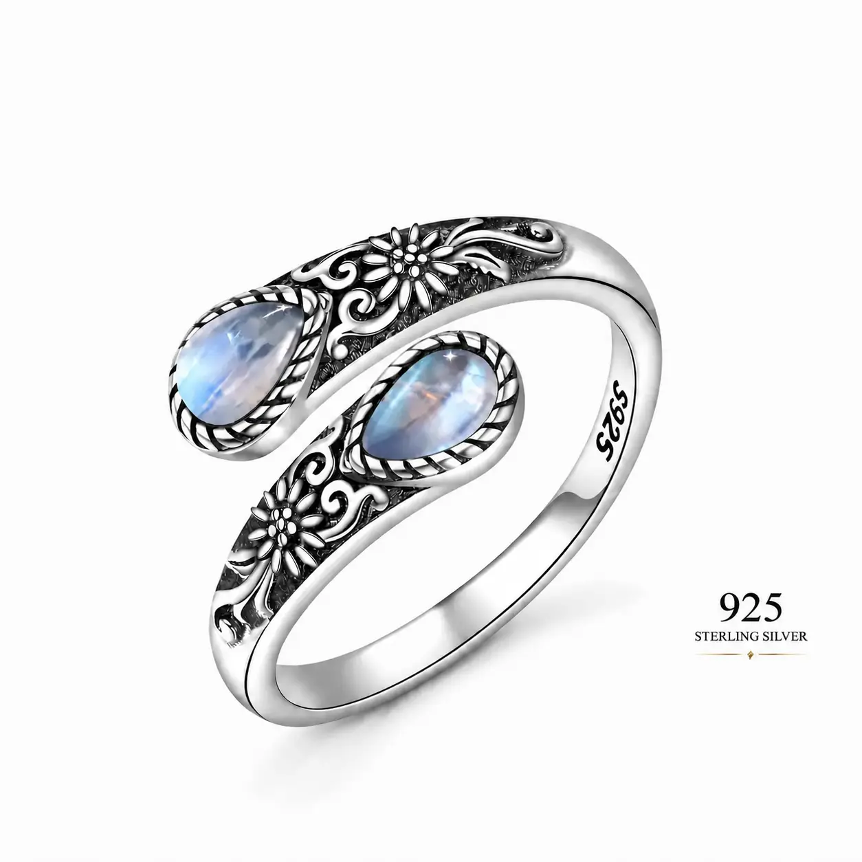 S925 Silver Moonstone Synthetic Women's Adjustable Thumb Open Ring, Victoria Vintage Style Hypoallergenic Nickel Free, Retro Floral, Lucky, Faith, Mother's Love Ring, Bohemian Style, Daily, Party, Holiday, Valentine's Day, Halloween, Easter Gift