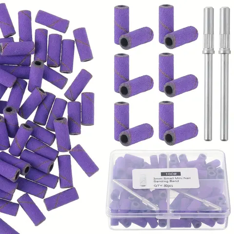 Nail Drill Sanding Bands Kit, 80pcs 3mm Fine Sanding Bands & 2 Counts Small Mandrel Nail Bit, Professional Small Sanding Band for Manicures and Pedicure, Nail Drill Set