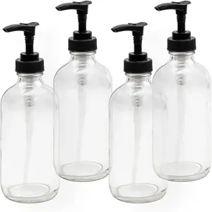 8oz Clear Glass Pump Bottles (4-Pack w/Black Plastic Pumps),  as Essential Oil Bottles, Lotion Bottles, Soap Dispensers, and More