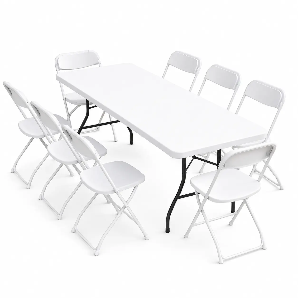 6 FT Folding Rectangle Garden Table Set with 8 White Folding Chairs - Indoor Outdoor Furniture, Outdoor Furniture Set for Picnic, Commercial Use