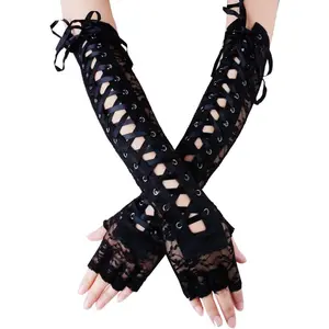 Womens Fingerless Gloves Elbow Lace up Steampunk Costume Arm Warmer