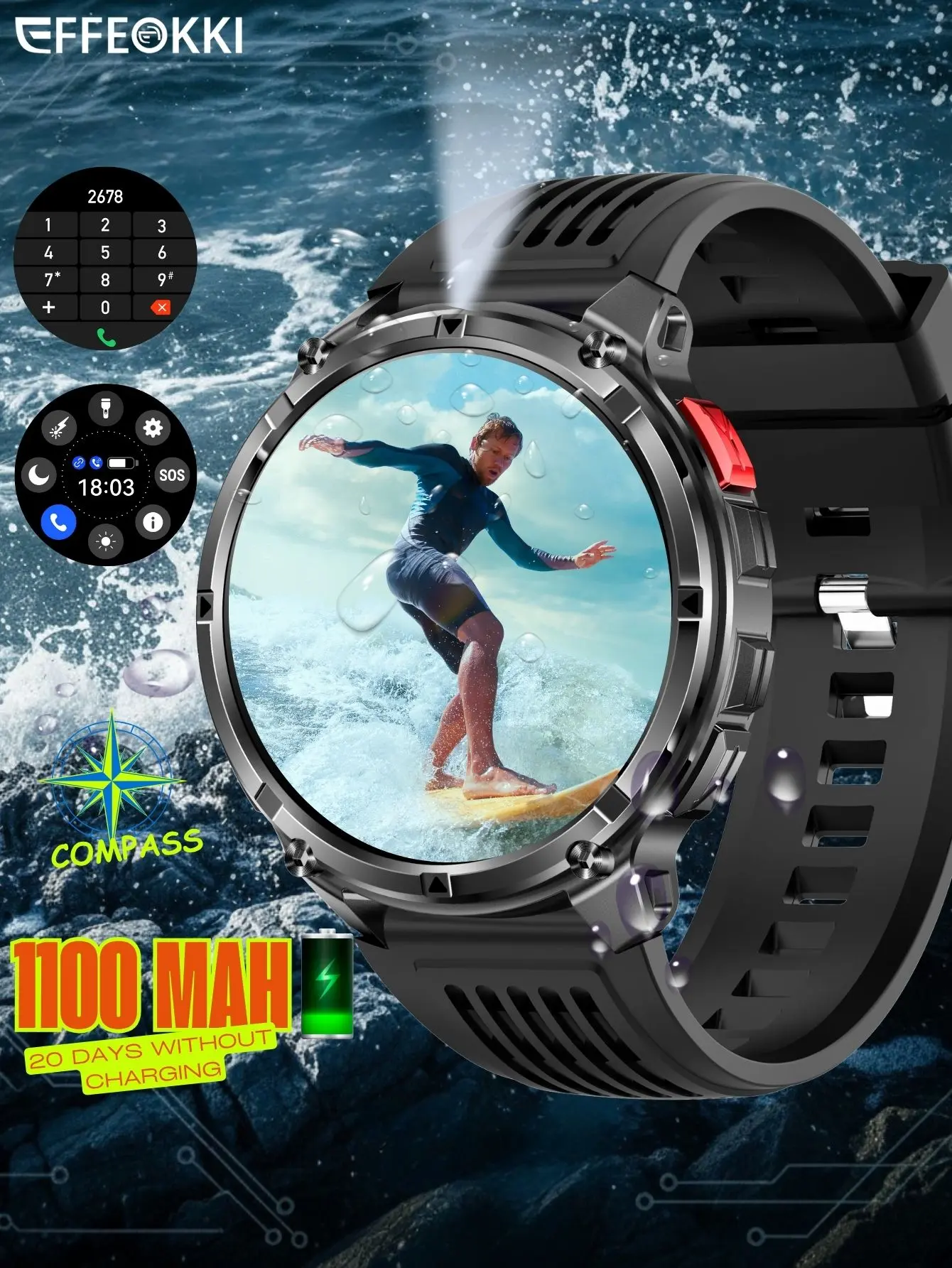 EFFEOKKI 1100mAh Rugged Outdoor Smartwatch for Men, 20-Day Battery Life, Compass Navigation, Multiple Mode Sports Watch, IP68 Waterproof Fitness Tracker, Compatible with iOS Android Phones, Holiday Gift for Men, Father's Day or Birthday Present fathersday