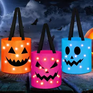 2/3 Pcs Halloween Candy Bucket with LED Lights Non Woven Gift Bags Trick or Treat Bags Pumpkin Candy Bags Reusable Tote Bags for Students Adults,Night Light Bags for Home Garden Lawn Decorations,Halloween Birthday Christmas Party Favor Supplies