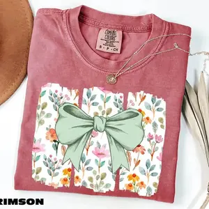 Coquette Bow Comfort Colors T-Shirt - Wildflowers T-shirt, Boho Flowers Tee, Cute Botanical Tee, Floral Bow T-Shirt, Gift for Her