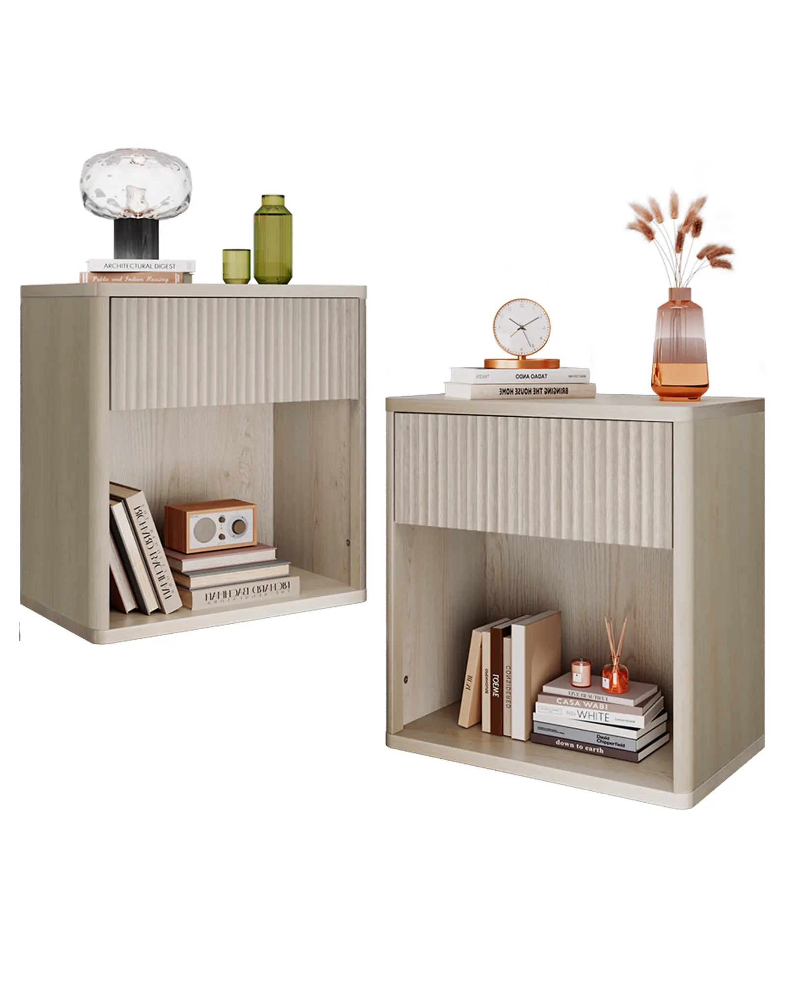 WLIVE 2-Piece Engineered Wood Nightstand Set, Fluted Edge Mid-Century Bedside Table with Storage Drawer & Open Shelf, Versatile End Table for Bedroom & Home Office