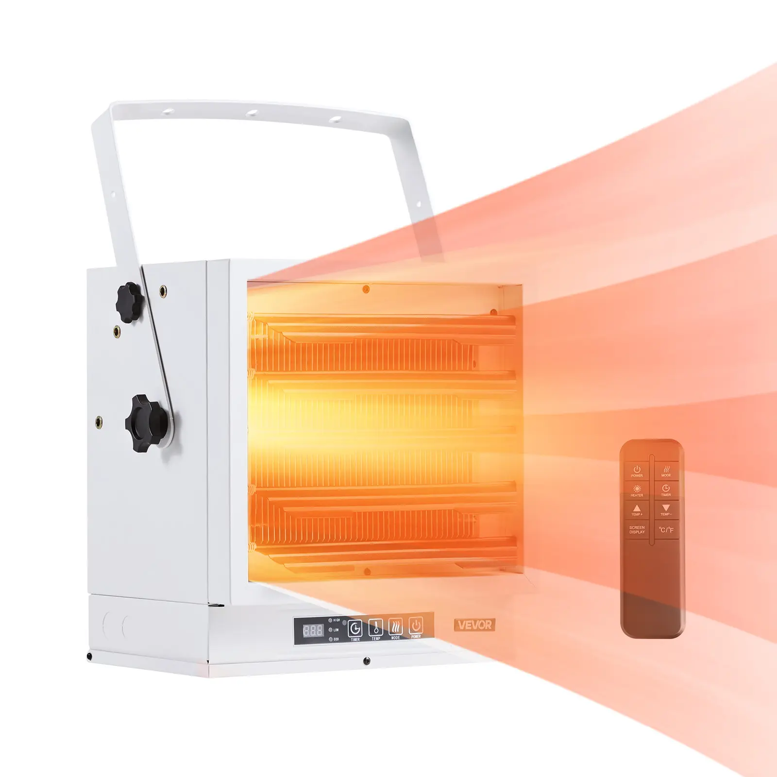 VEVOR New 10000-Watt 240V Durable Steel Electric Garage Heater, Adjustable Heating, 20ft (6m) Remote Controlled Remote, 10-Hour Timer, Overheat Protection, Wall/Ceiling Mounted Long-Lasting Commercial Fan-Forced Heater for Indoor Workshop